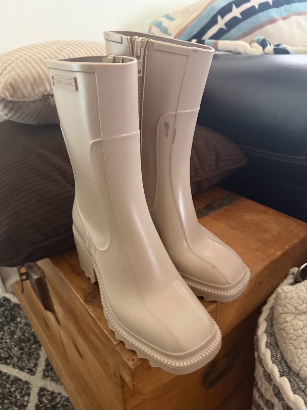 French Connection Cream Platform Rain Boots with Side Zip Closure